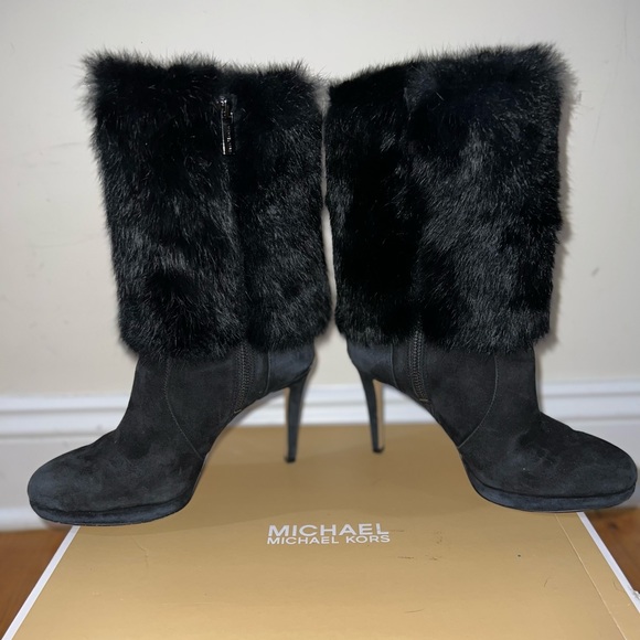Michael kors suede bootie, faye booties, black faux fur bootie, stiletto heel - Picture 2 of 11